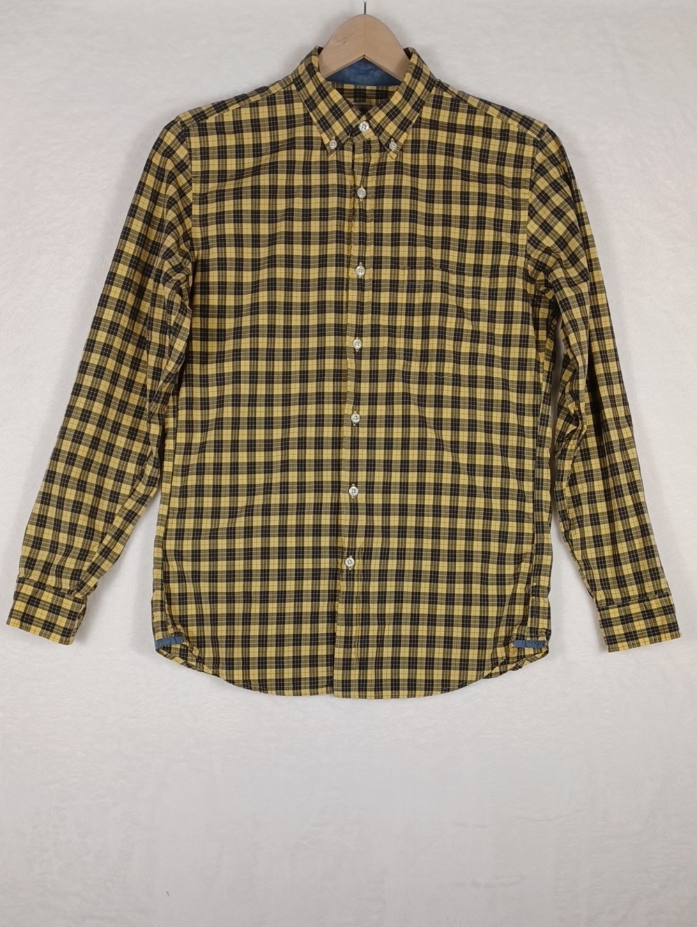 J. Crew Yellow and Black Plaid Long Sleeve Button-Down Cotton Shirt, Mens Small